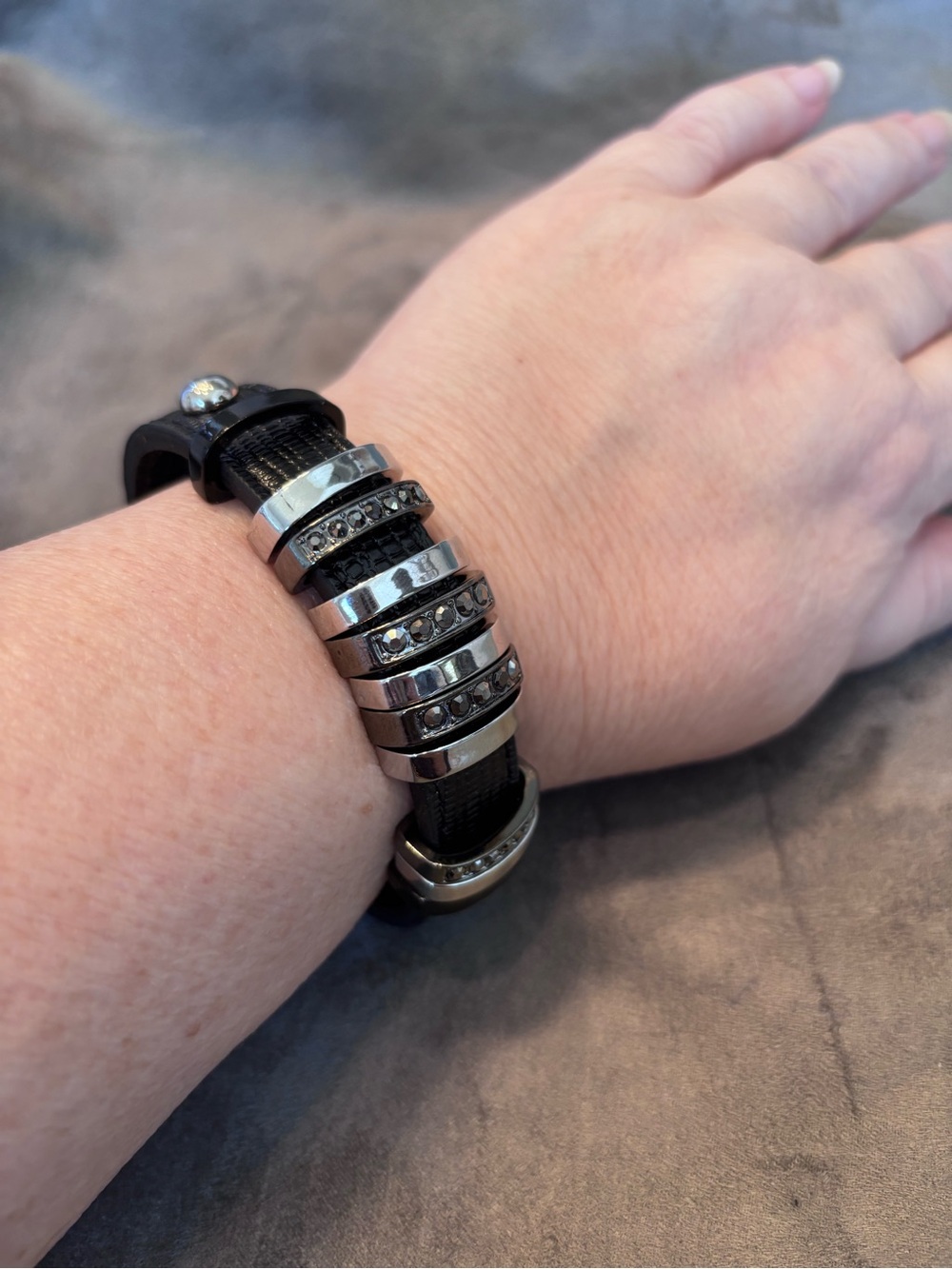 Unique Genuine Crystal Alternating Polished Metal Bars w/ Faux Leather Bracelet